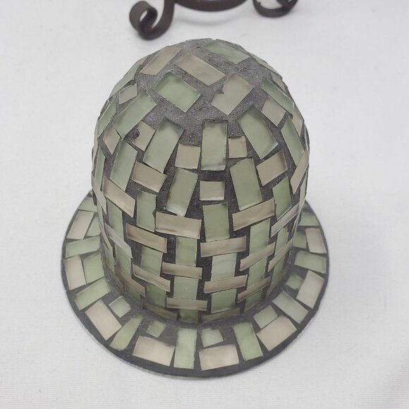 MOSAIC GLASS VOTIVE TEA LIGHT CANDLE HOLDER WITH BROWN METAL STAND - Picture 6 of 11